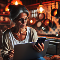An american inquisitive person sitting in a kitchen looking at a laptop screen while holding a mobile phone.